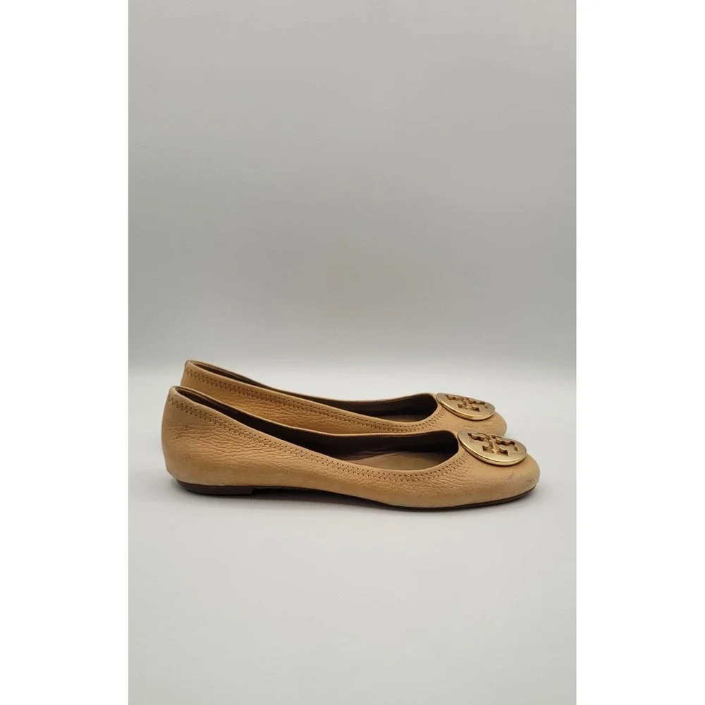 Tory Burch Reva Women's Ballet Flats 8M Tan Pebbled Leather Gold Logo